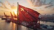China's flag over a bustling port with gleaming dusk light