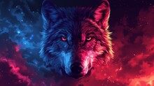   A Tight Shot Of A Wolf's Expressive Face Against A Backdrop Of Vibrant Red, Blue, And Pink Clouds And Twinkling Stars