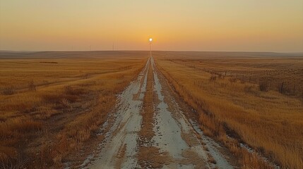 Wall Mural -   A dirt path in a field, sun setting at distance