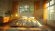   A bed sits in a bedroom beside a window draped in yellow blankets; a blanket covers the rug's top