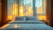   A bed with a white comforter and pillows, sun shining through curtained window