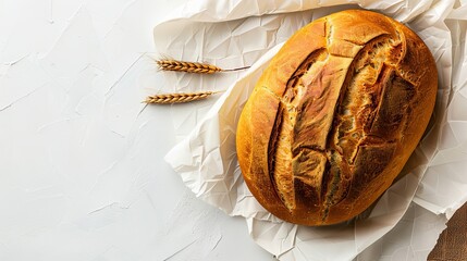   A loaf of bread on a table, with one paper beneath it