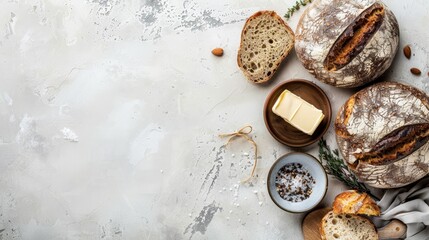 Wall Mural -   A table bearing loaves of bread One loaf beside a bowl of butter, another atop it
