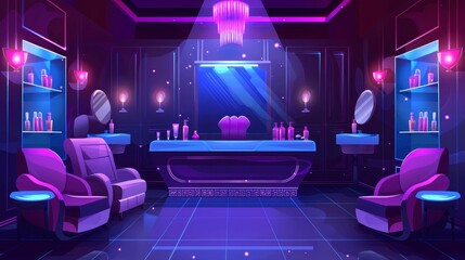 Poster - decorative manicure salon interior with table furniture, armchairs, and professional salon equipment