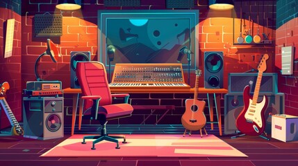 The cartoon illustration shows a recording studio booth with a sound producer's workstation and an armchair, with guitar, speaker, headphones and a pro synthesizer on the table.