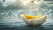   A fruit suspended from a rope over a water body, surrounded by cloud-filled sky