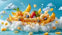   A Fruit Salad With Bananas, Blueberries, Strawberries Against A Backdrop Of A Cloud-filled Sky