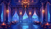 The Interior Of A Castle Banquet Room At Night - Big Windows That Are Draped With Curtains, Dining Tables And Chairs, Columns, And A Chandelier With Burning Candles. Cartoon Modern Illustration Of A