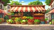 The design of the grocery kiosk features a fruit and vegetable stand with awnings to sell organic harvest and natural meats and fishes.