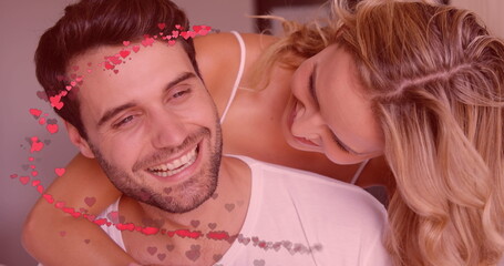 Poster - Image of red hearts over couple in love embracing and smiling