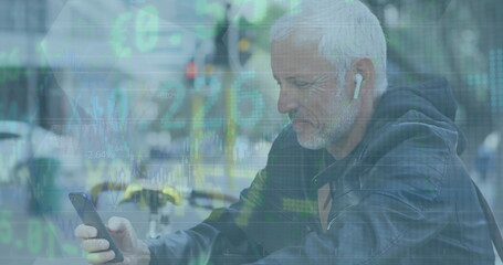 Poster - Image of financial data processing over senior caucasian man using smartphone