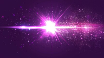 Optical disco shiny glitz, glowing purple star light flare modern effect. Abstract flicker particle with violet dazzle beam. Camera flash spark. Isolated glimmer halo element.