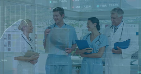 Poster - Image of stock market data processing over team of diverse doctors discussing at hospital