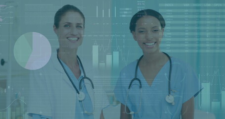 Poster - Image of data processing over diverse female doctor and health worker discussing at hospital