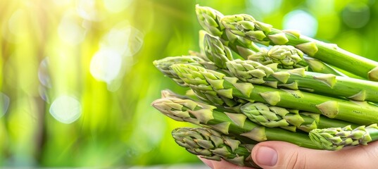 Wall Mural - Fresh asparagus assortment held with ample space on blurred background for text placement