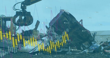 Poster - Image of data processing over machines segregating waste at rubbish dump