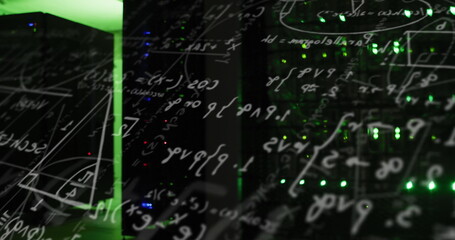 Poster - Image of mathematical equation and diagrams against illuminated server rack in server room