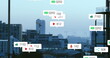 Image of social media icons against aerial view of cityscape