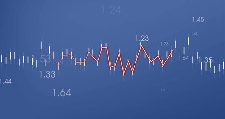 Poster - Image of heart rhythm over graph and changing numbers against blue background