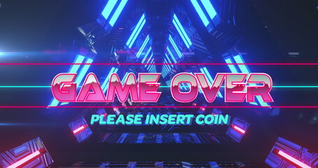 Poster - Image of game over and please insert coin text in illuminated triangular tunnel