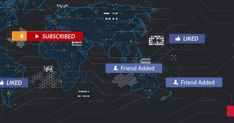 Poster - Image of text and icon in notification bars over circuit board pattern against map in background