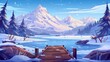 Winter scenes of a frozen lake with a wooden pier and snowy mountains. A modern cartoon illustration depicting frosty weather in the forest, snow spread across trees and the ground in a valley, and