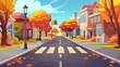 Cartoon autumn street landscape with sidewalk, traffic light and building with brown leaves near road with crosswalk. Modern autumn scene with pavement and pedestrian pathway.