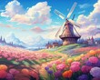 A vibrant tapestry of flowerbeds enveloping a quaint windmill, the sky painted with hues of a soft morning blush ,  illustration