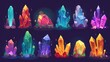 Crystal clusters of colorful gemstone crystals jutting out of the ground. Cartoon game assets of glowing diamond raw material rocks. Modern illustration set of gemstones for mining and treasure