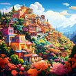 Colorful abodes nestled in a vibrant floral hillside ,   illustration