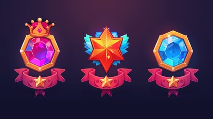Poster - Three stars ranking, bronze, silver, and golden medals on ribbons, and hexagon achievement badges in cartoon modern illustration.