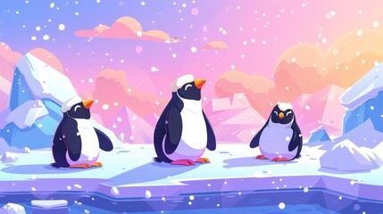Wall Mural - Modern cartoon illustration of cute antarctic bird characters sitting on floating ice and snow falling from a frosty pink and blue sky on a snowy arctic landscape.