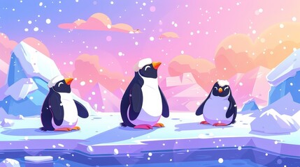 Sticker - Modern cartoon illustration of cute antarctic bird characters sitting on floating ice and snow falling from a frosty pink and blue sky on a snowy arctic landscape.