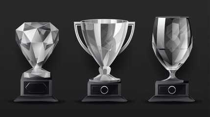 Wall Mural - A realistic trophy and achievement prize made of crystal or glass on a black base with metal name plate. A modern illustration set of transparent awards made of plastic or plexiglass.