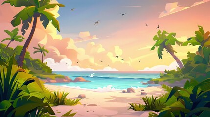 Wall Mural - Summer island with sandy beach and lianas over water. Modern illustration of seaside landscape with ocean waves, birds flying at sunset, sunset sky and clouds.