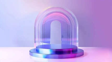 Poster - Objects in 3D holographic form isolated on a gradient background with purple and white hues. Modern realistic illustration of abstract geometric podium with iridescent glossy coating for product