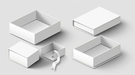 Poster - Decorative white cardboard box with ribbon puller. Drawer shape cardboard package template for gift or presentation concept. Blank carton container with sleeve cover.