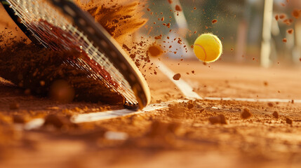 Wall Mural - On a clay tennis court, a close-up of a racket hitting the ball