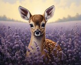 Fototapeta  - Baby deer with a circlet of violets, amidst a field of lavender, a portrait of innocence ,  illustration