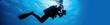 Ethereal dive into the abyss. A graceful silhouette of a diver diving into the water, wearing photo and video  camera, creating ripples and bubbles as they plunge beneath the surface