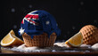 Ice cream with the Australia flag on a ice cream ball in a waffle cup on a black background with orange slices around the edges