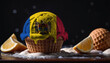 Ice cream with the Moldova flag on a ice cream ball in a waffle cup on a black background with orange slices around the edges