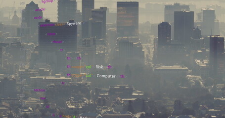 Poster - Image of multicolored computer language over aerial view of modern cityscape against sky