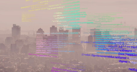 Poster - Image of computer language and grid pattern over aerial view of modern city against sky