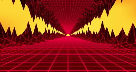 Wall Mural - image of diminishing perspective of grid street moving amidst mountains