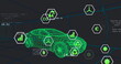 Image of multiple digital icons over 3d car model moving in seamless pattern in a tunnel
