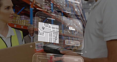 Poster - Image of data processing over diverse male supervisor and female worker discussing at warehouse