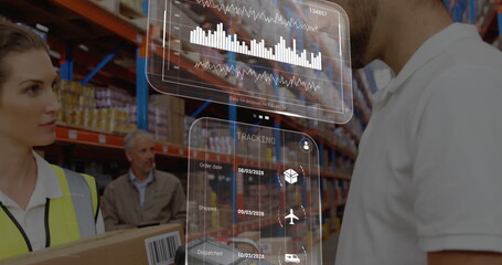 Poster - Image of data processing over diverse male supervisor and female worker discussing at warehouse