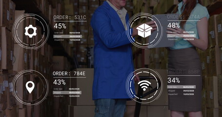 Sticker - Image of data processing against diverse male and female supervisors discusssing at warehouse