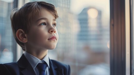 Wall Mural - Cinematic snapshot of a suited individual with the resemblance of a young boy, taking a moment of reflection by the window in a corporate office 01